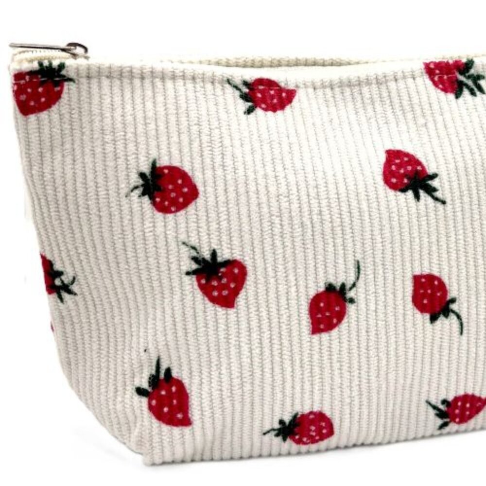 Cream Corduroy Strawberries Strawberry Pattern Zippered Pouch Makeup Travel Bag
